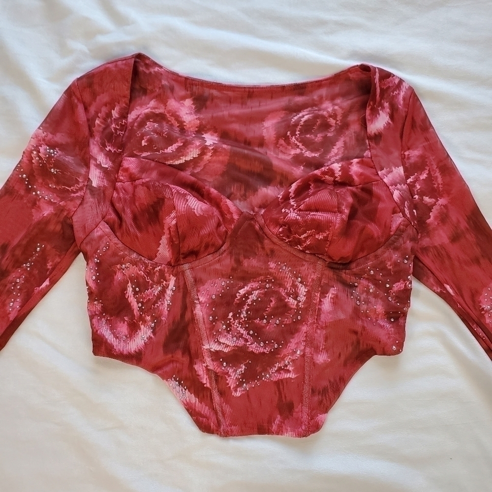 Shein Bae Long Sleeve Mesh Corset Top With Rhinestones - Floral Rose Print
